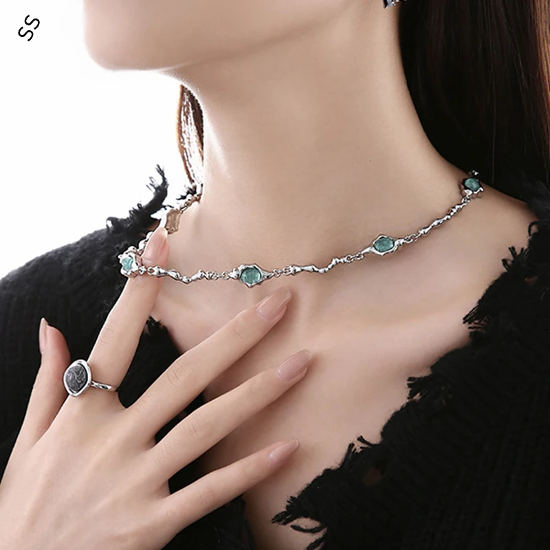 Trendy Aqua Resin Lava Necklace for Women - Irregular Sweet & Cool Fashion Pendant Lightweight Luxury Sweater Chain Accessory