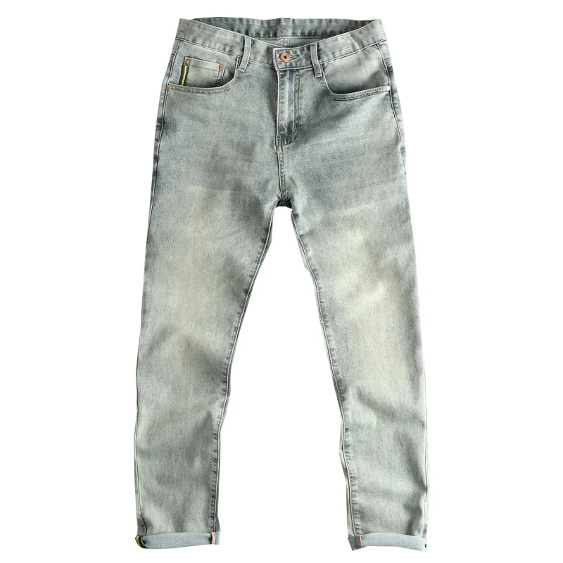 ヴィンテージブルーウォッシュ加工ダメージ加工春夏新作メンズスキニーアメリカンスタイルトレンドジーンズ