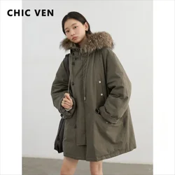 CHIC VEN-abrigos holgados informales para mujer, ropa de trabajo con plumón de pato blanco 90, chaqueta con capucha, abrigo femenino para Otoño e Invierno 2024