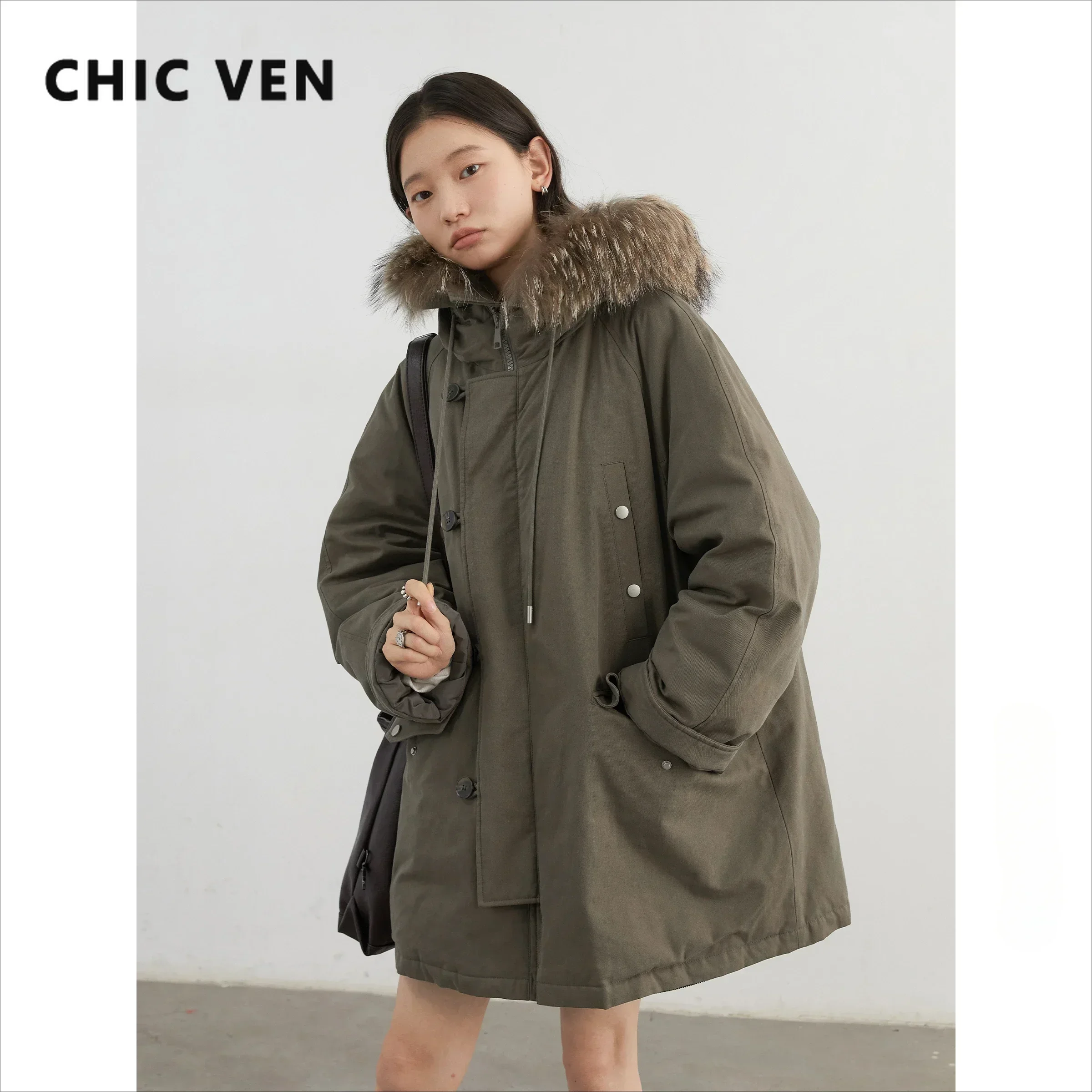 CHIC VEN Women Down Coats Loose Casual 90 White Duck Down Workwear Down Jacket Hooded Female Overcoat Autumn Winter 2024