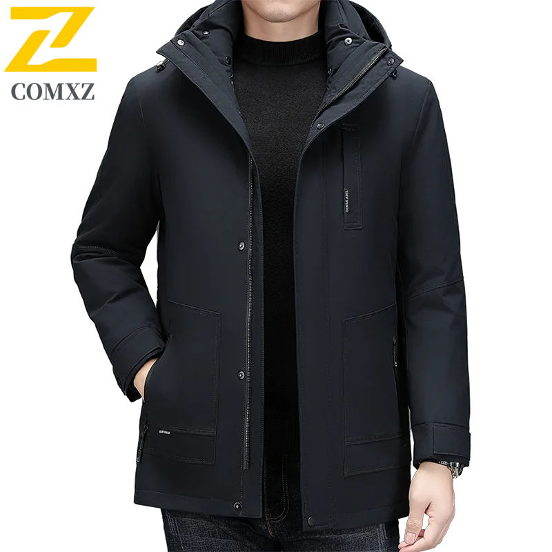 COMXZ Luxury Men Down Jacket New High-quality Goose Down Work Lightweight Puffer Jacket Detachable Hood Travel Warm Winter Coats