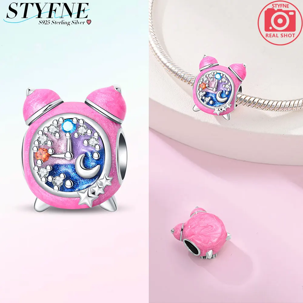 charms original 925 silver Pink alarm clock beads fit bracelet jewelry diy women Party gift