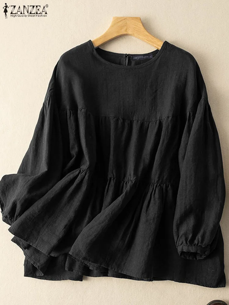 ZANZEA Autumn Women Tops Solid Cotton Blouse Lapel Long Sleeve Shirt Female O Neck Work Blusas Casual Loose Holiday Chemise