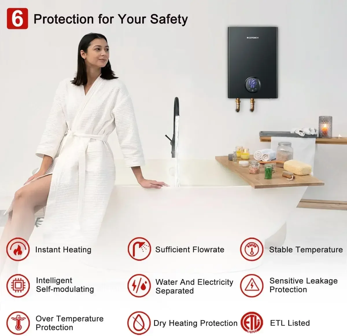 Electric Tankless Hot Water Heater, ECOTOUCH 18kW on Demand Instant Water Heater 240V, ETL Certificated Self-Modulation Point