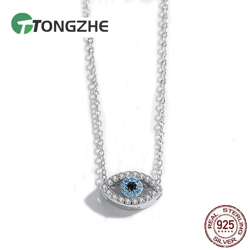 

TONGZHE ожерелье из стерлингового серебра 925, кулон Lucky Evil Eye, синяя длинная цепочка с фианитом, турецкое ювелирное изделие, ожерелье с сапфиром и аквамарином