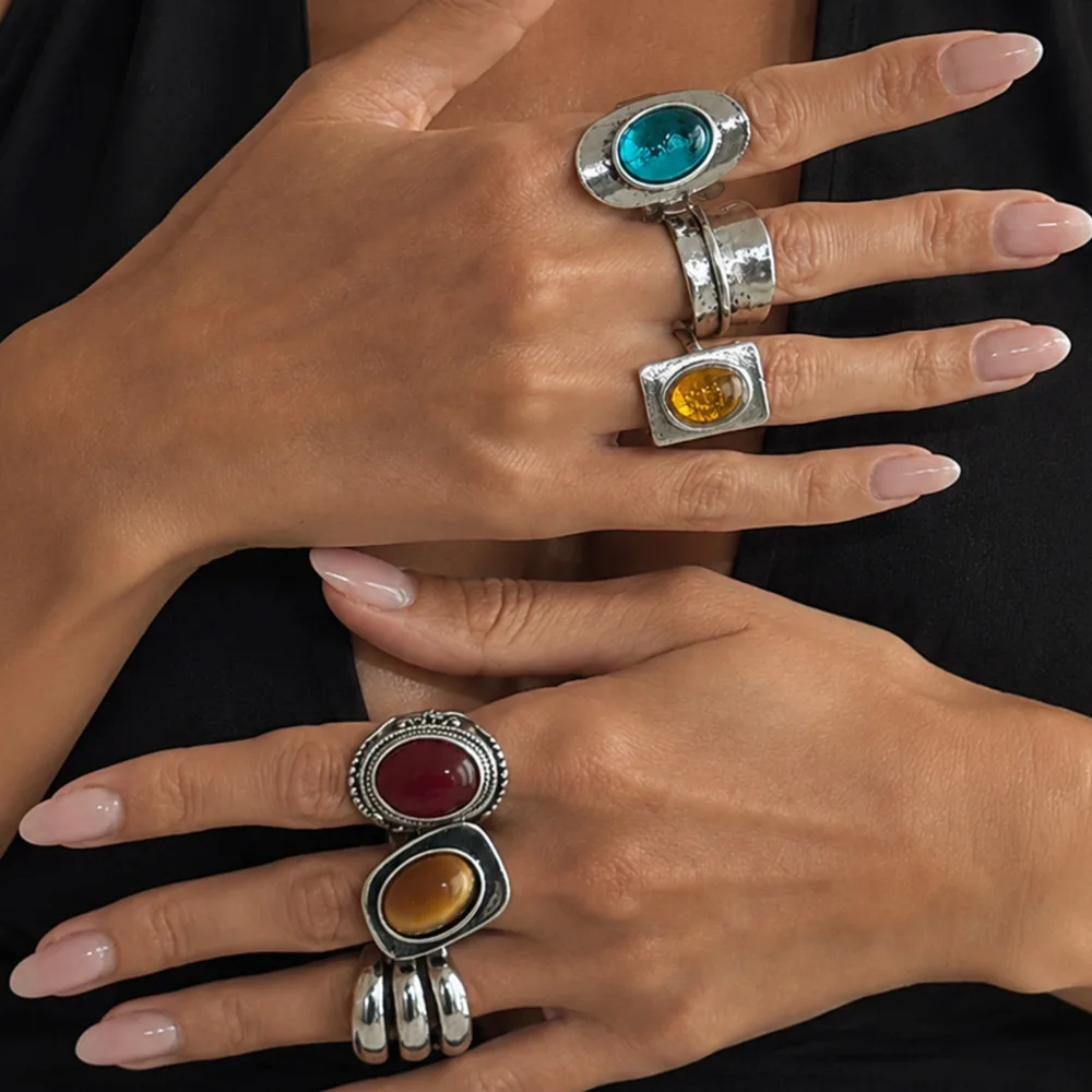 Ingemark 6 Pcs/Set Vintage Colorful Acrylic Chunky Ring for Women Ethnic Style Geometric Stackable Knuckle Ring Party Jewelry
