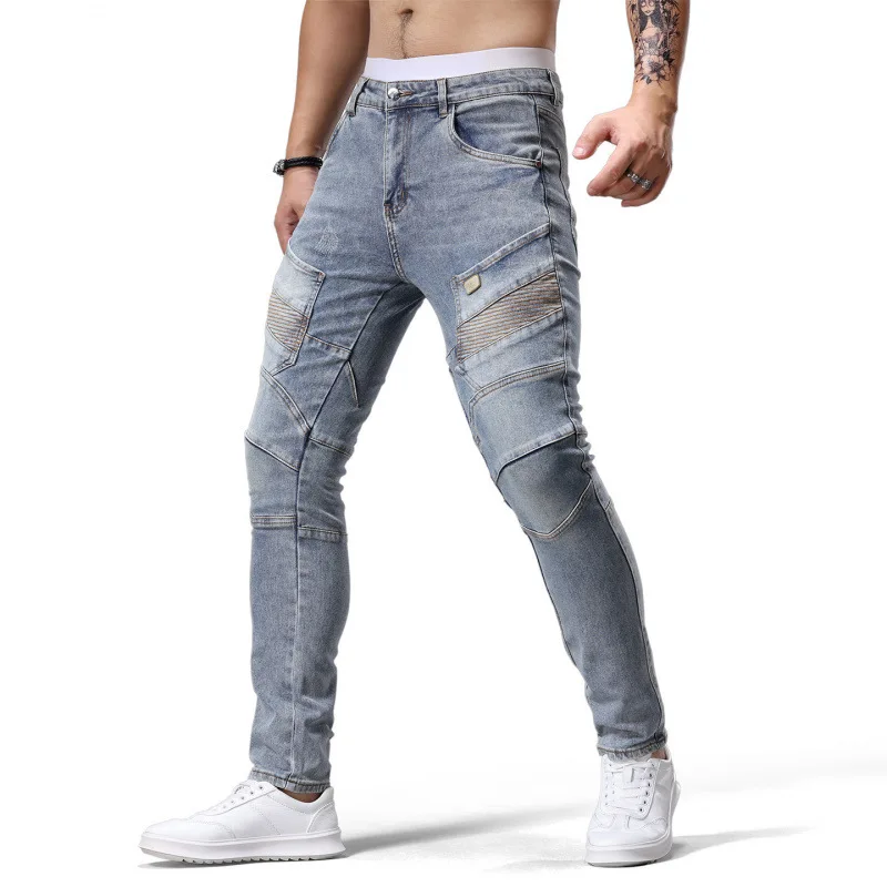 Мотоциклетные джинсы с дизайном сращивания, мужские маленькие ноги, уличные крутые ретро винтажные повседневные эластичные брюки