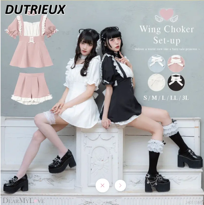 Lolita Suit Japanese Style Sweet Two-Piece Sets for Women Wooden Ear Square Collar Top and Shorts Set Slimming Summer Outfits