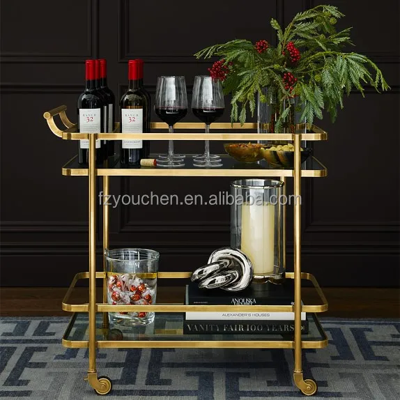 2 Tiers Living Room Modern Luxury Gold Metal Drink Trolley Rolling Bar Carts for the Home