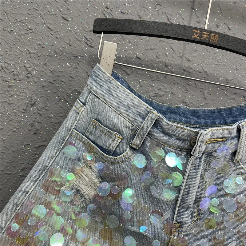 Summer New High Waist A- line Wide Leg Pants Fashionable Sequins Raw Hem Ripped Korean Style Slimming Denim Shorts for Women