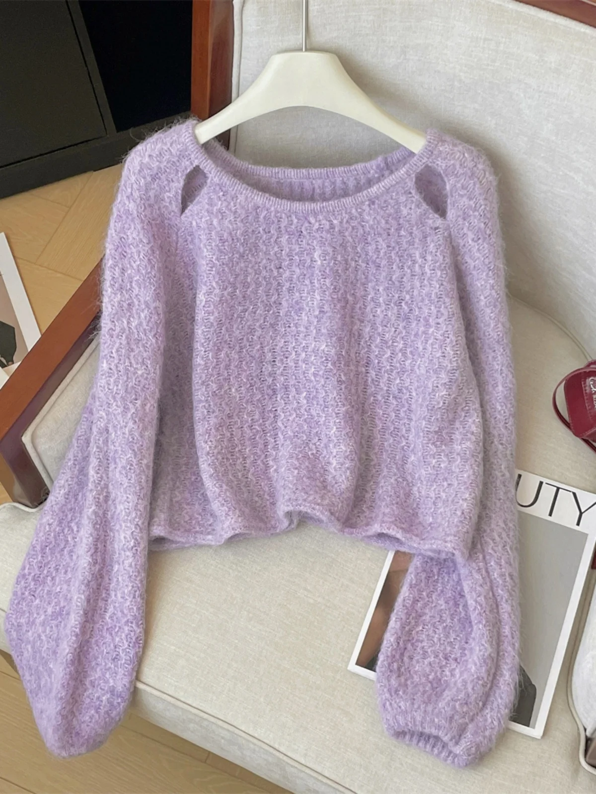 

Мягкий вязаный свитер с вырезами для женщин, осенне-зимний дизайн, уютный топ для ношения под одеждой, хлопковый, с длинными рукавами