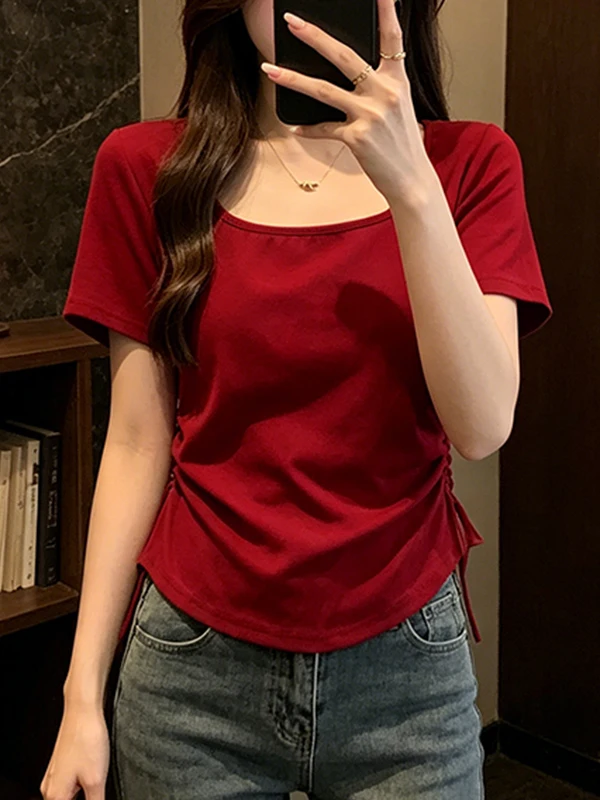 

Summer New Style plus Size T-Shirt Women's Casual Loose Fit Short Sleeve U-Neck Drawstring Slimming Effect Comfortable Breath...