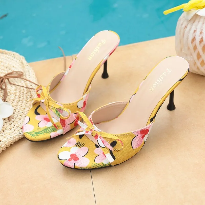 

Hlieny Summer New yellow Butterfly-knot Woman Slippers Fashion Square Toe Thin High Heels Sandals Ladies Mules Slides Shoes