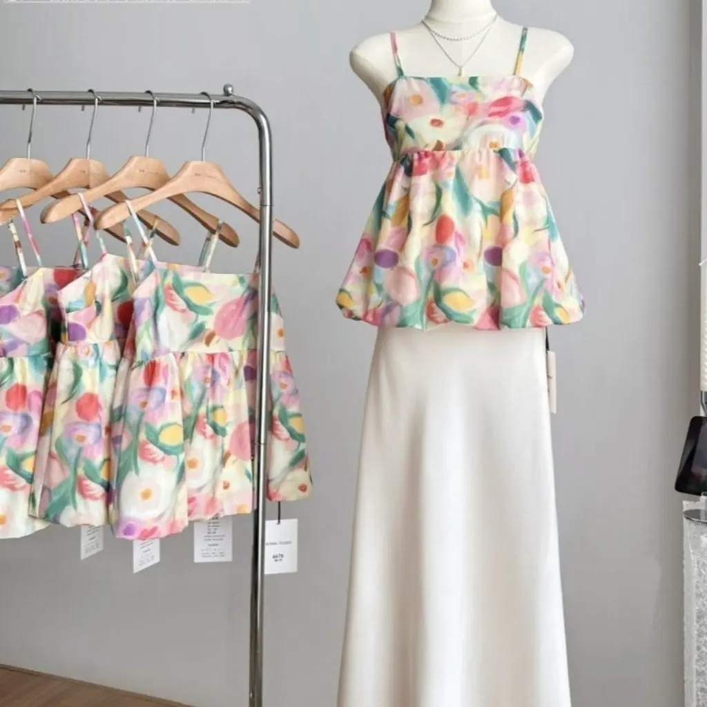 

Summer French Sweet Style Oil Painting Camisole Top Women's Korean Fashion Sleeveless Vest Doll Shirt for
