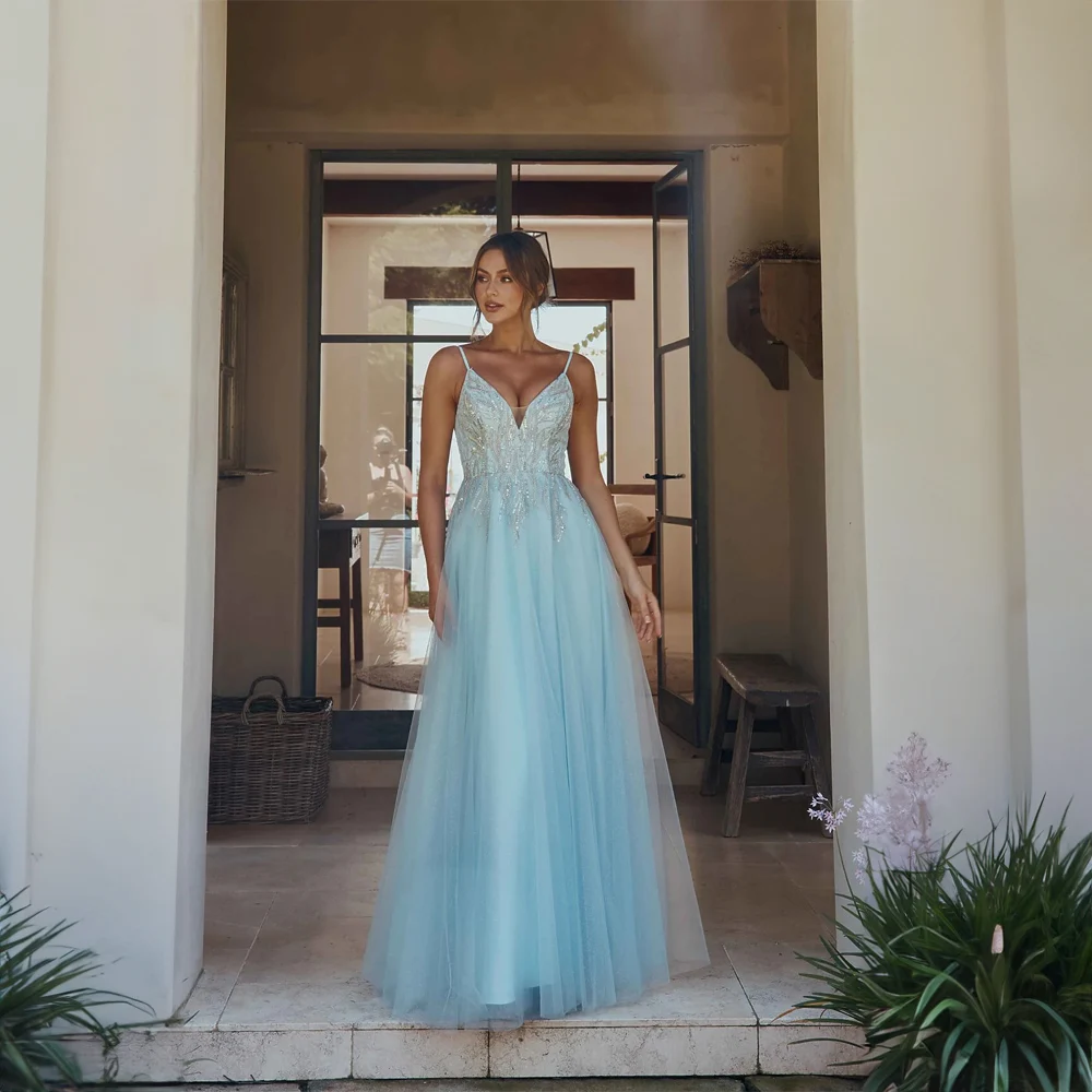 Robe de mariée courte en dentelle à col en V avec bretelles spaghetti pour femmes, robe trapèze longue en tulle, robe de soirée de mariage élégante