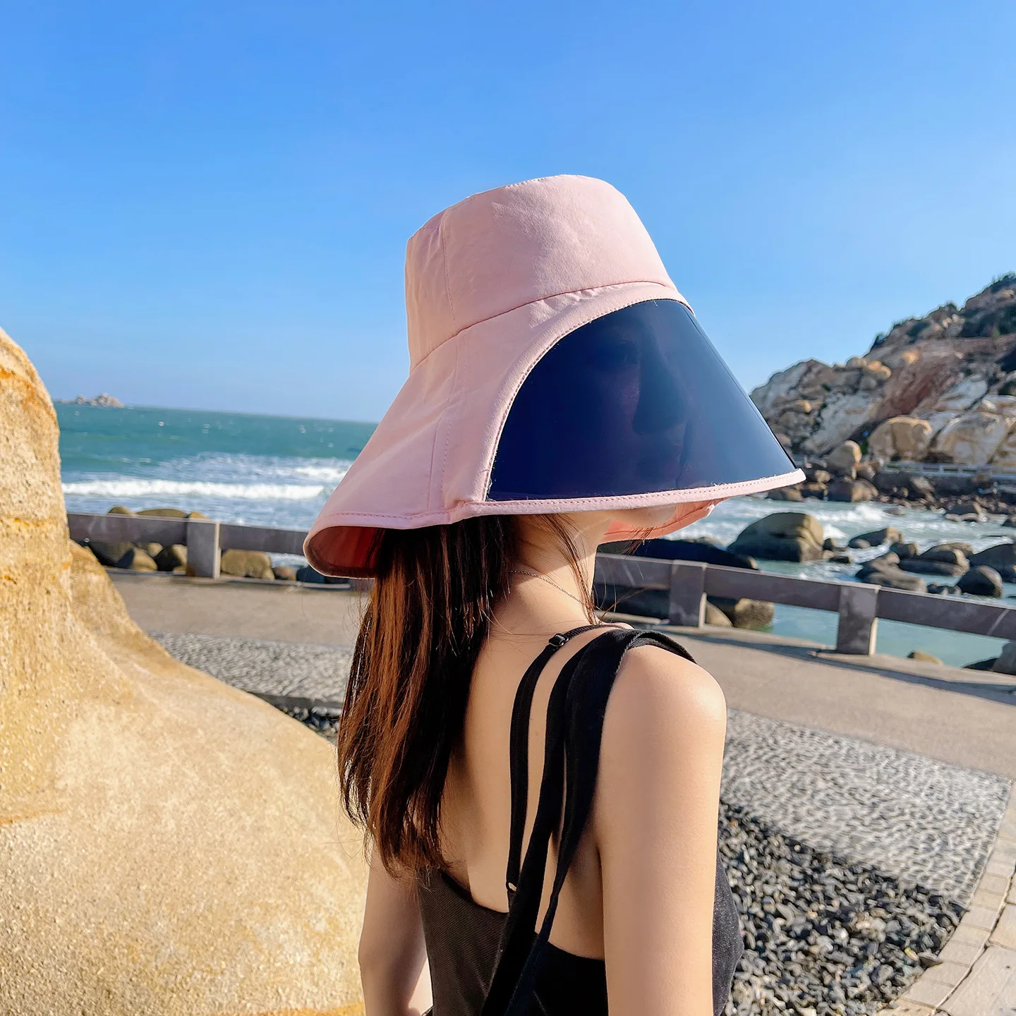 Breitkrempiger Bucket Hat mit Vollgesichtsschutz für Damen, Sommer-Strandhut mit UV-Schutz, Visierklappe, Fischerhut für Outdoor-Sport – Detail 16
