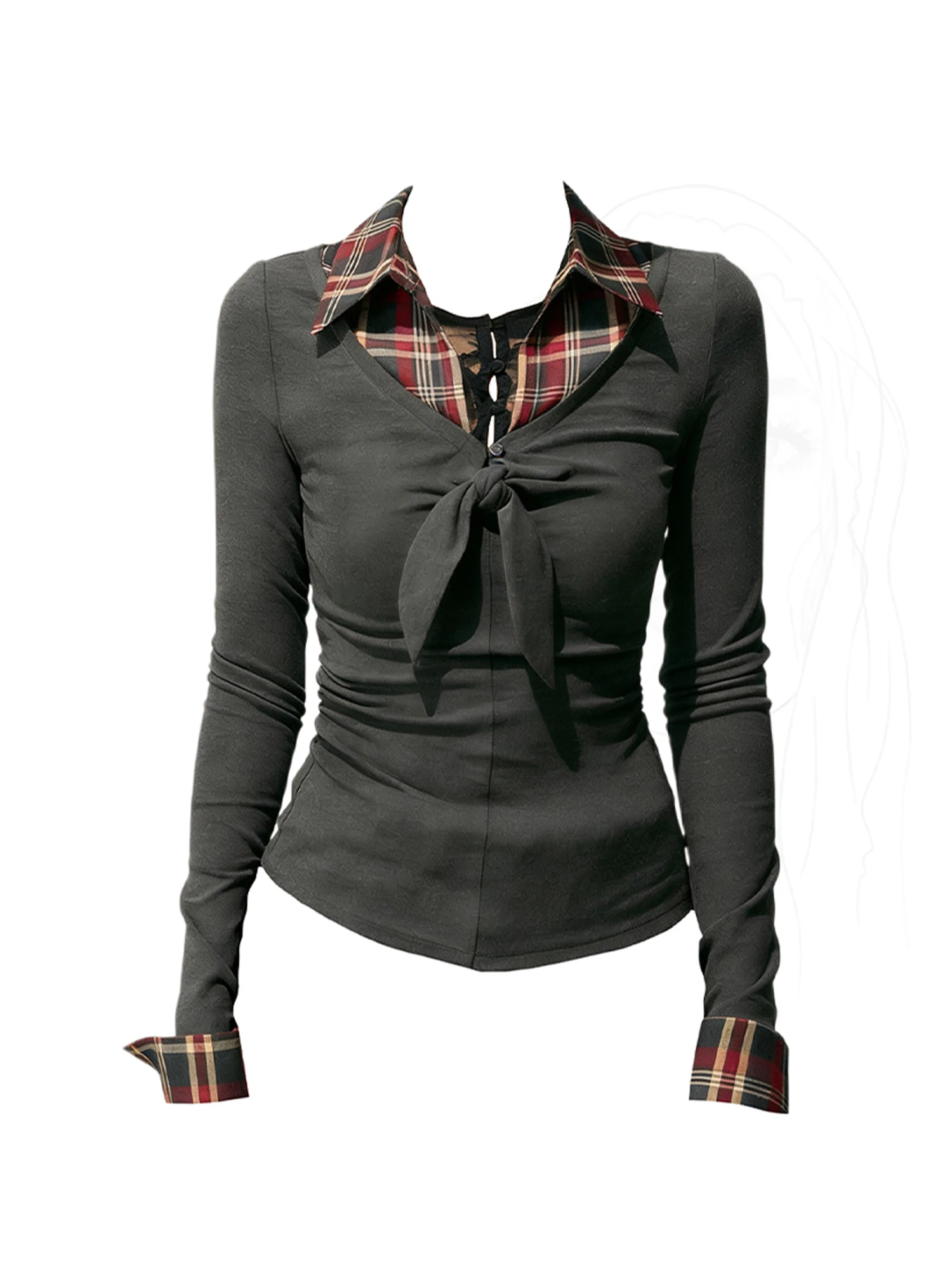 

Women's Grey Y2k T-shirt Fake Two Pieces Vintage Harajuku Korean Style Gyaru Tee Top Long Sleeve Oversize T-shirts 2000s Clothes