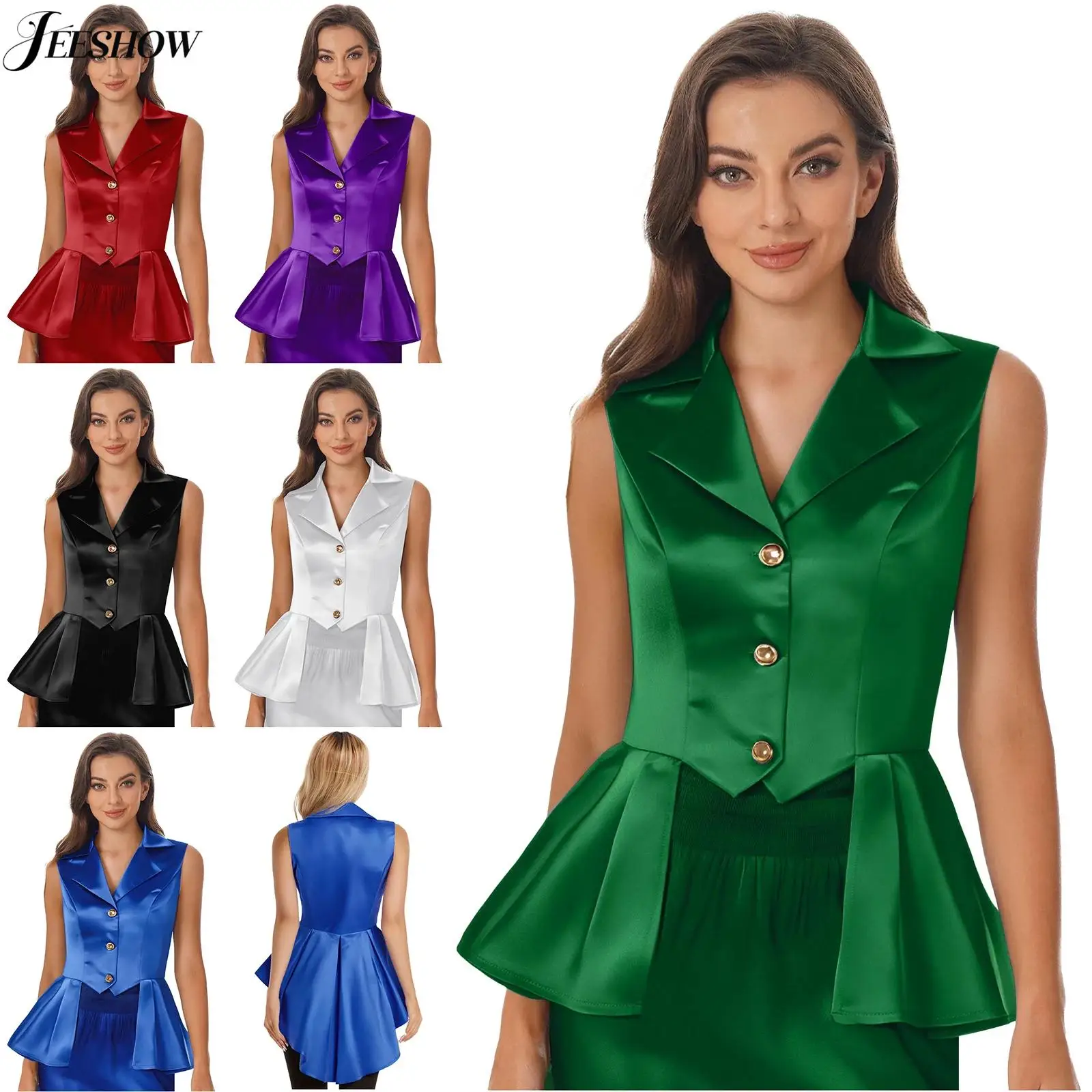 レディースシルキーサテンビクトリア朝の滝チョッキターンダウン襟ノースリーブボタンアップフリル裾ブラウストップカジュアル日常着