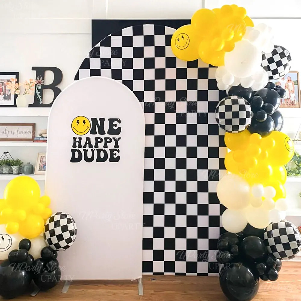 Race Car Party Backdrop Decorations Spandex Black White Checkered Racing Track Stand Arch Cover for Birthday Two Fast One Decor