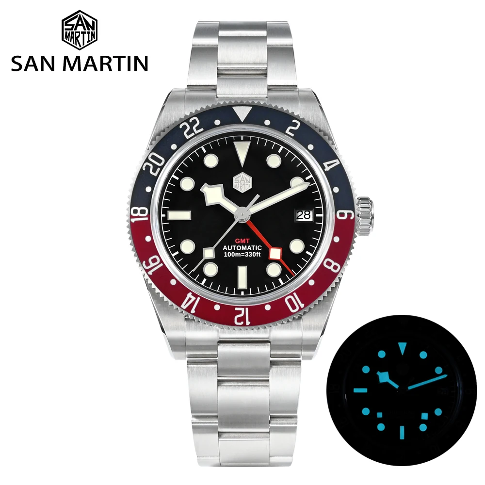 

San Martin 2023 New NH34 GMT Men Luxury Watch Bidirectional Aluminum Bezel Automatic Mechanical Sapphire 100M Waterproof Date