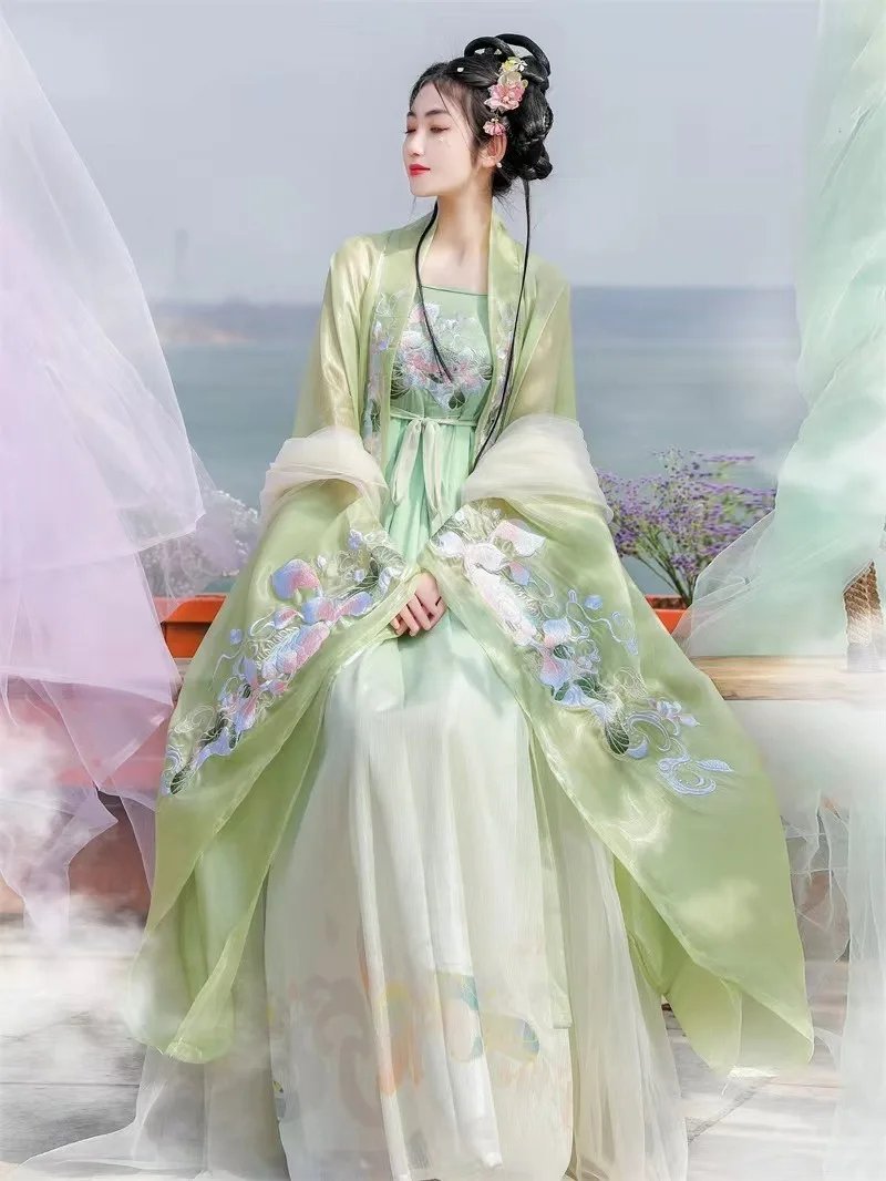 

Hanfu women's wide sleeve traditional Chinese dress embroidery green horse skirt students adult daily world national dress