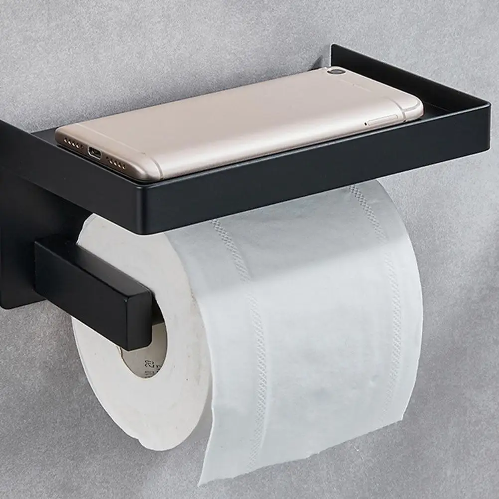 Toilet Paper Holder Wall Mounted Bathroom Tissue Roll Rack with Phone Shelf Space Saving Storage
