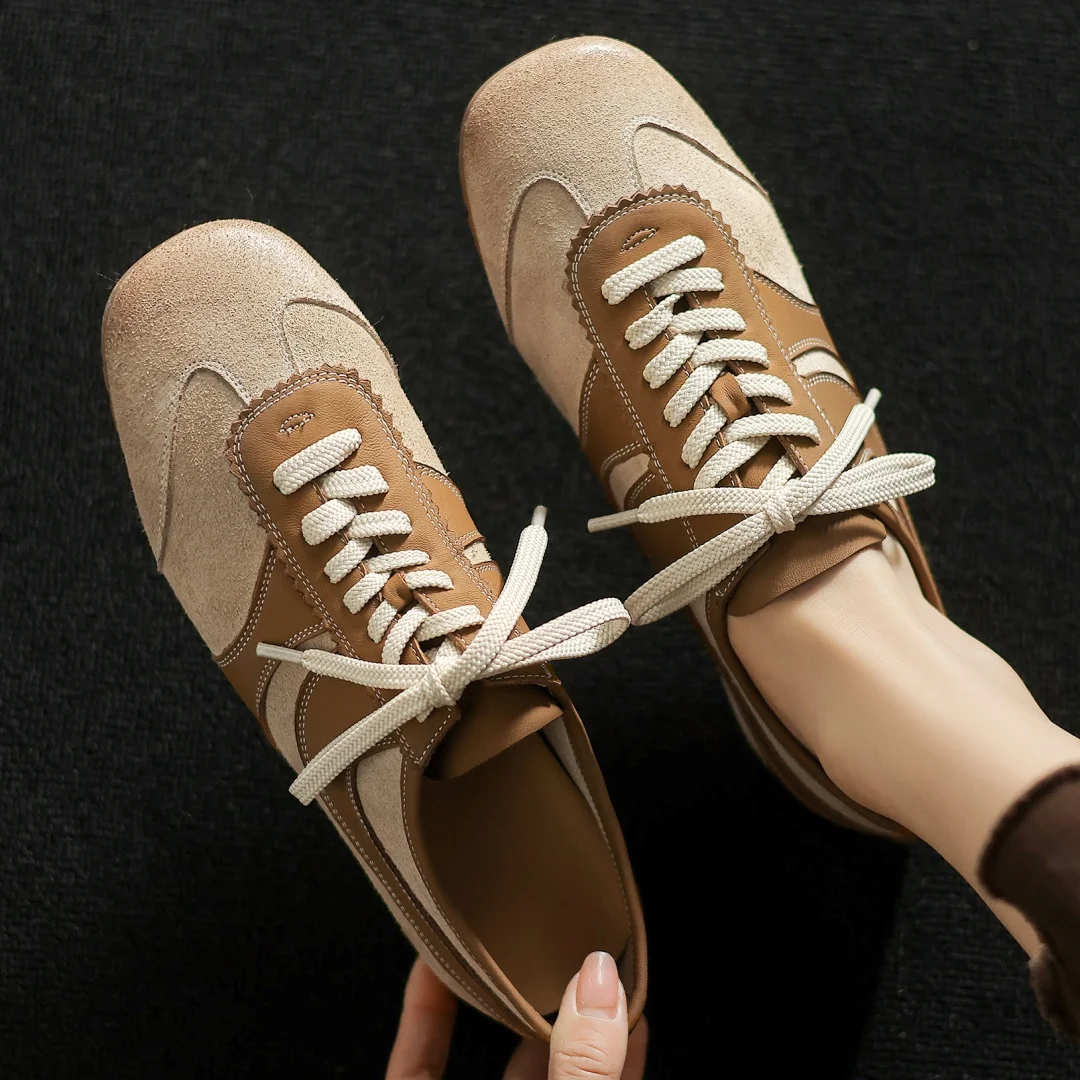 2025 Spring new women\'s genuine leather mix color patchwork lace-up flats sneakers leisure soft comfortable female walk shoes