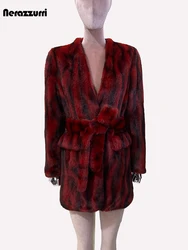 Nerazzurri Autumn Winter Colorful Thick Warm Soft Gradient Faux Fur Coat Women Deep V Neck Long Sleeve Sashes Fluffy Jacket 2024