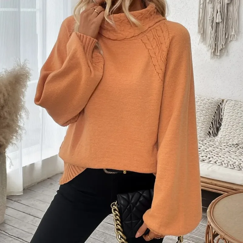 

2026 New Fashion Casual Loose Sweaters Pullovers Sweater for Woman Autumn Winter Floral Half High Collar Princess Sleeves