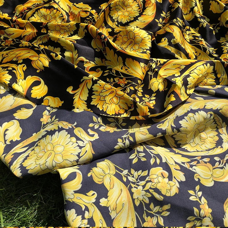 New product European and American style printed fabric Baroque golden flower digital printing handmade DIY stretch satin fabric