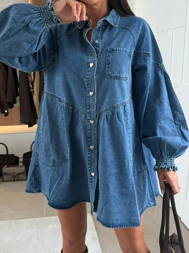 Vintage Solid Color Denim Short Dress New Long Sleeve Lapel Single Breasted Shirts Dress Autumn Women Casual Commute Mini Dress