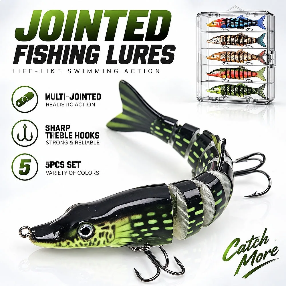 Lifelike Musky Swimbait 8-Jointed Hard Lure 3/5/10 Pack Sinking Wobbler Rattle 3D Eyes for Bass Pike in River Current