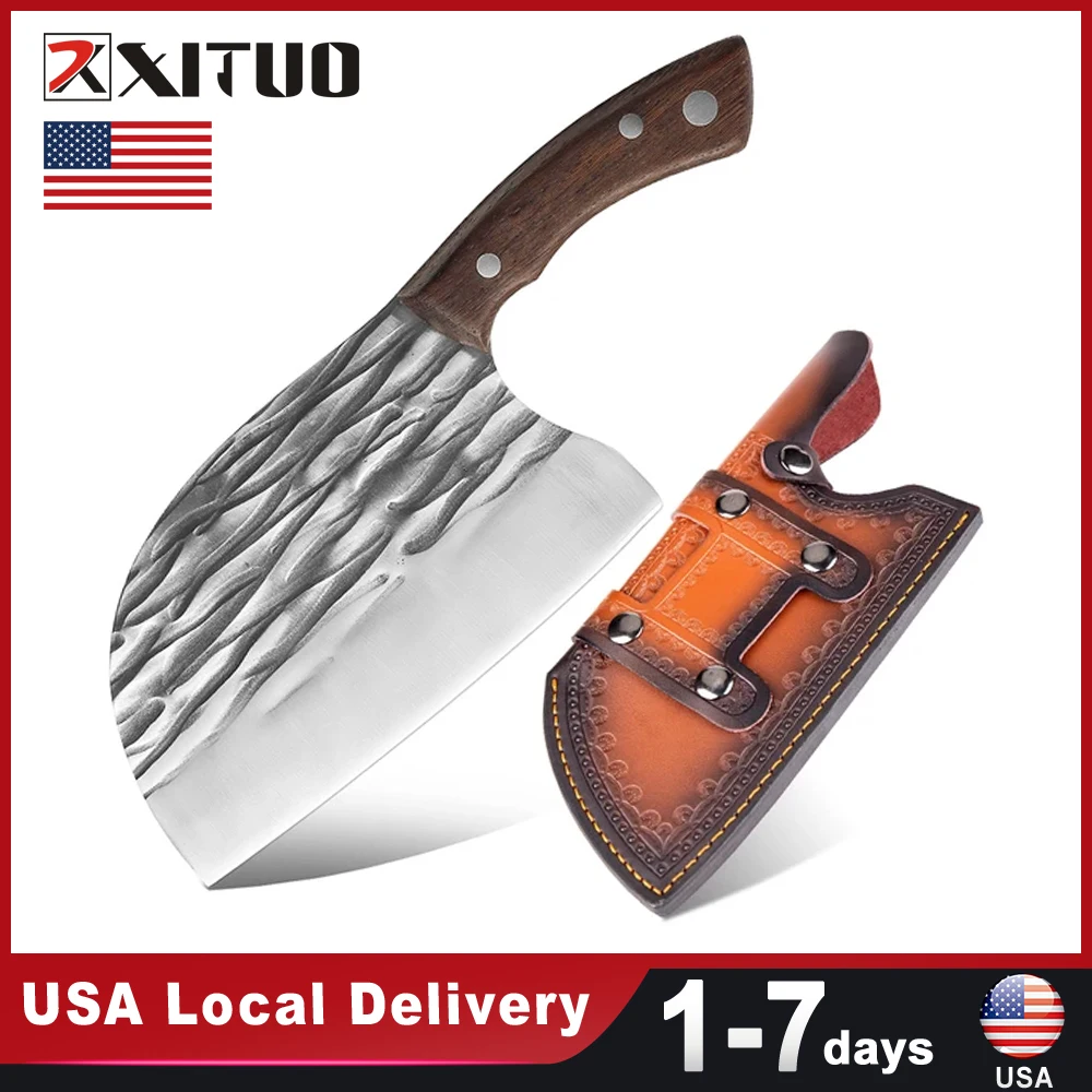 USA Warehouse Fast Shipping Handmade Forged Chef Knife High-carbon Clad Steel Chinese Cleaver Kitchen Knives Wooden Handle Sharp