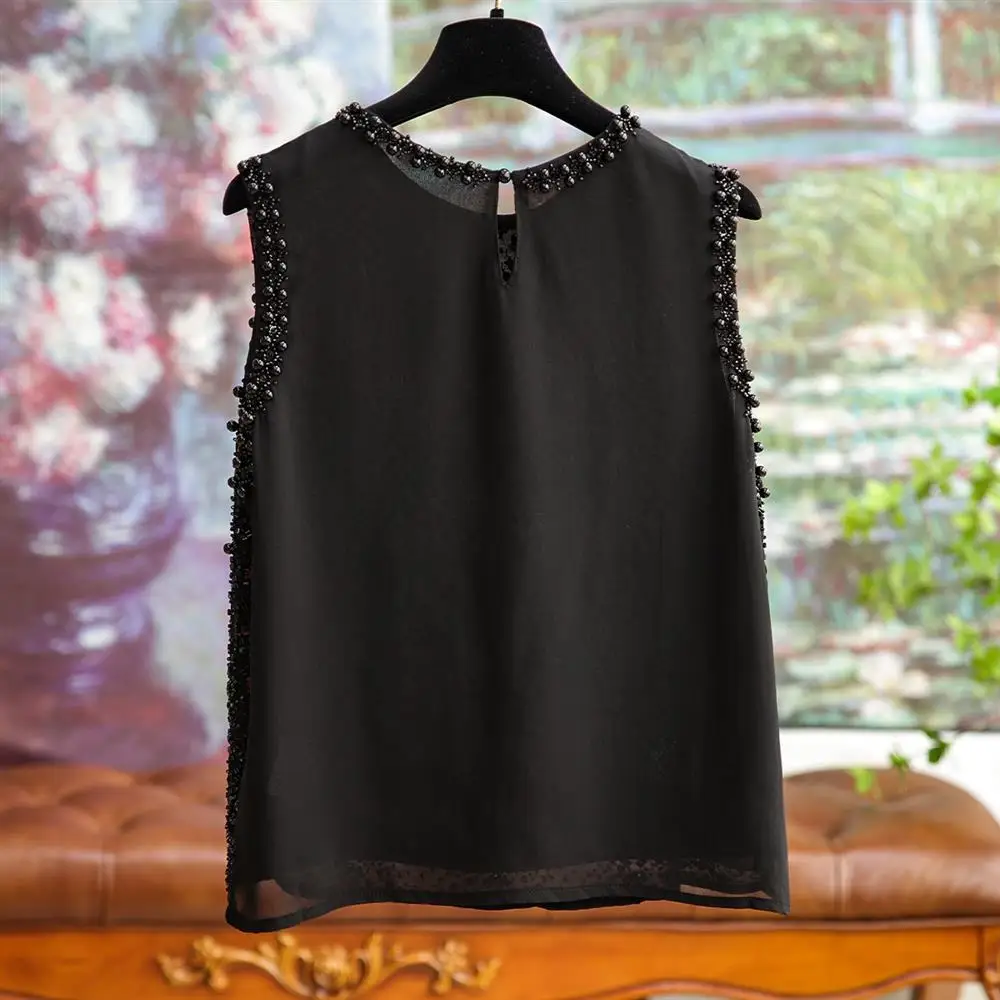 Women Fashion Beading Tank Top Women Sleeveless Chiffon Tops Blusas Top Shirts