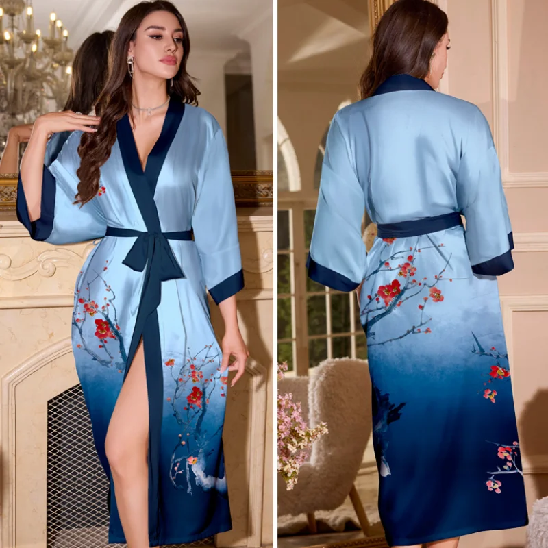 

Plus Size Female Long Robe Print Flower Half Sleeve Kimono Bathrobe Gown Loose Casual Satin Sleepwear Home Dress Sexy Loungewear