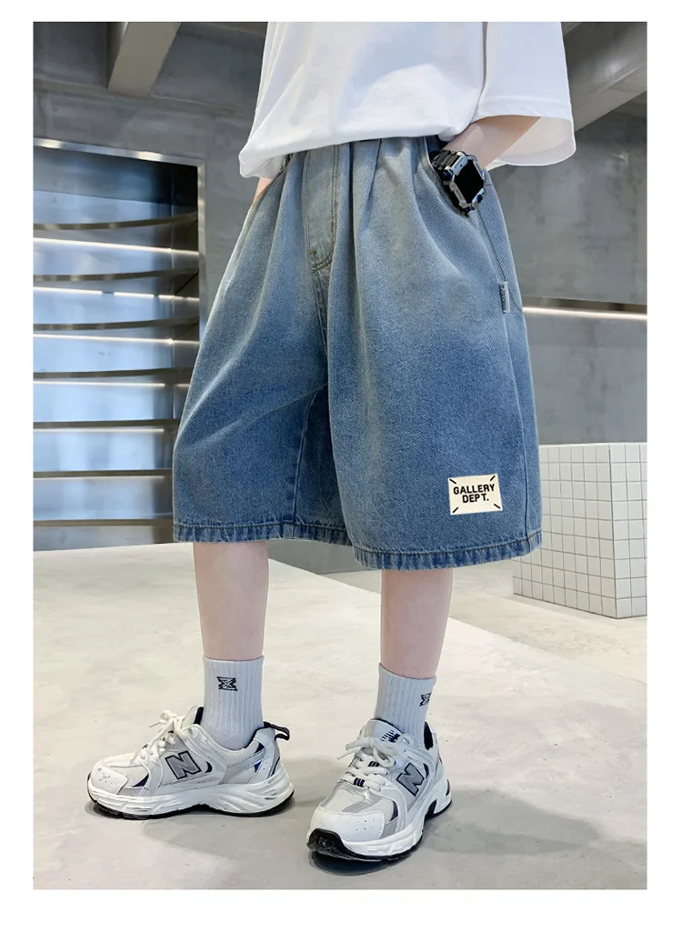 Neue Sommer-Jeansshorts für Kinder, Lässige, Lose Passform, Blauer Farbverlauf, für Teenager-Jungen, Baggy Denim-Shorts, Kinder-Streetwear, Knielange Hosen – Detail 3