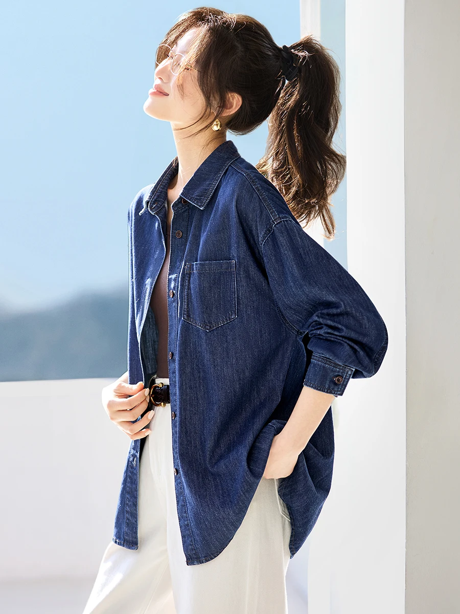 

Comfortable Oversized Denim irt Commute Casual Versatile Outerwear Spring 2026 Simple Sle Women's Cotton Blend irt