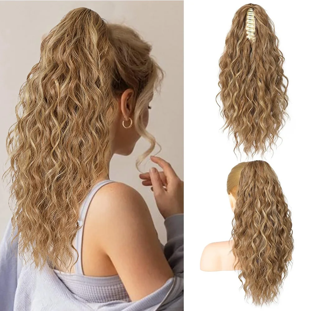 

Synthetic Claw Long Wavy Ponytail Extension Black Blonde Curly Pony Tail Clip in Hair Extensions Fluffy Natural Looking