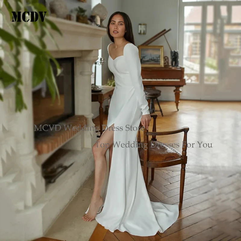 

MCDV 2026 Long Sleeve Wedding Dress with Slit Square Neck Simple A Line Bridal Gown Floor Length Custom Made Elegant Modest Lace