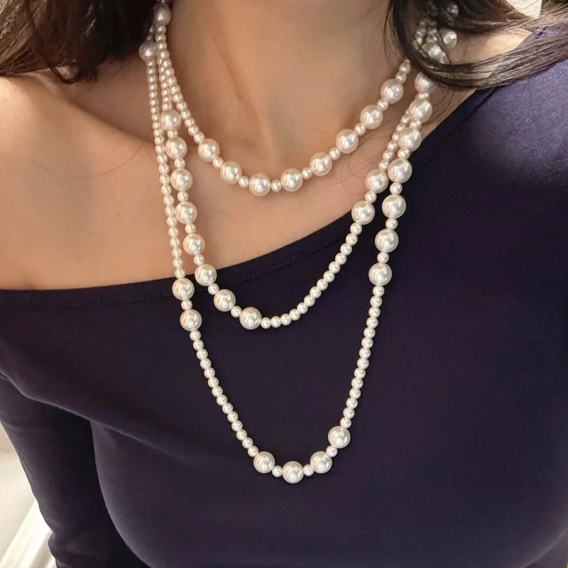 Long Multi-layered Simulated Pearl Sweater Chain Women 2026 New High-end Charm 3/4/6/8mm Elegant Necklace Sweater Choker