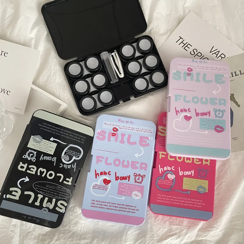 女性と女の子のためのポータブルコンタクトレンズケース,シンプルなケアボックス,クリエイティブなテキスト,旅行,1セットあたり6個
