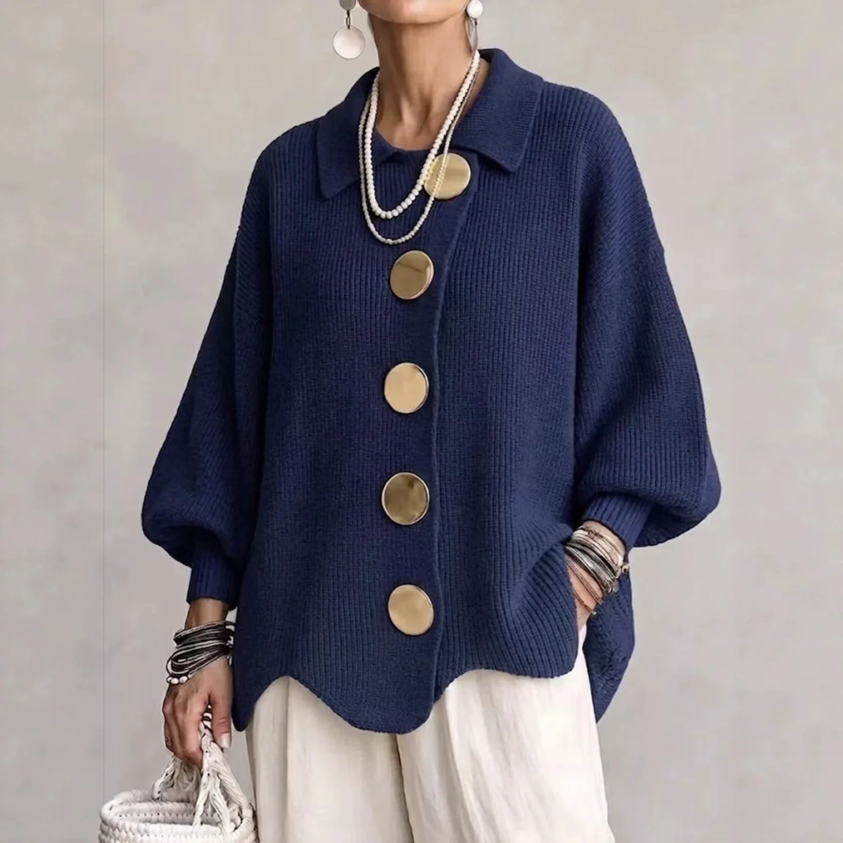 Women's Vintage French Style Knit Cardigan, Lapel Collar Button Front Sweater, Loose Fit Long Sleeve Fall Winter Top