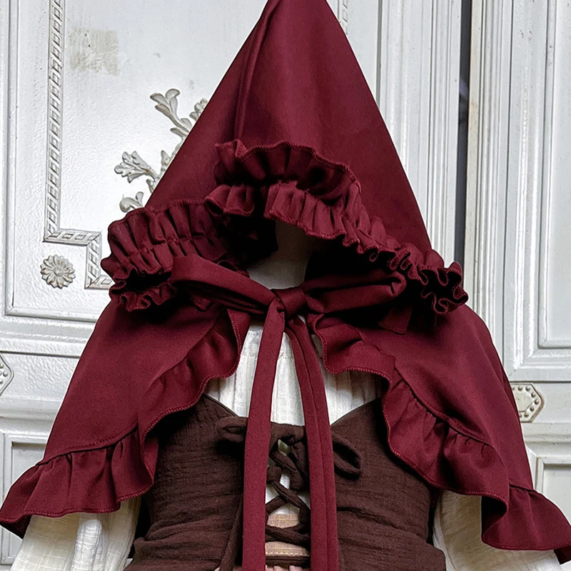 Sweet Lolita Cloak Cape with Ruffle Bow Halloween Little Red Riding Hood Costume Autumn Winter Short Robe Shawl for Student Girl