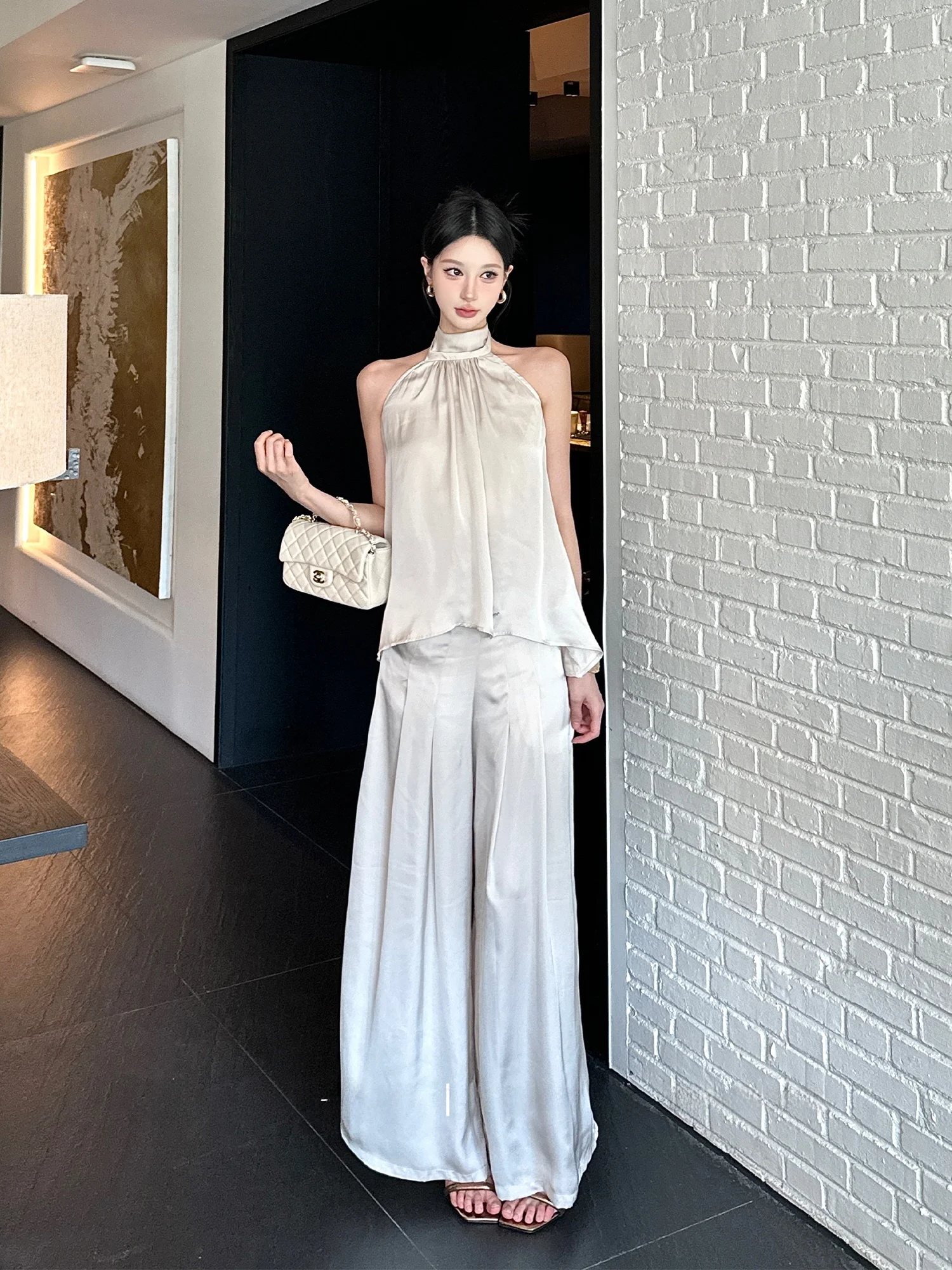 MOXI Sexy Bal Drapey Silk Satin Ribbon Asymmetrical Hanging Ne Spicy Girl Top Women's Faion Set Ele Sle Autumn...