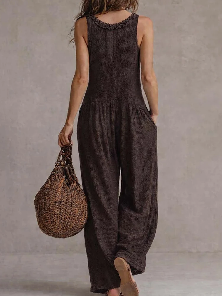 Fashion Button Patchwork Simple Jumpsuits, Women Summer V Neck Sleeveless Chic Playsuits, 2026 Wide Leg Pants Ladies Bodysuits