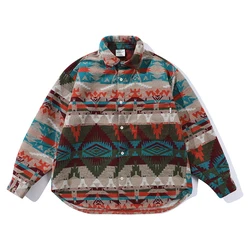 Men Ethnic Patterns Woolen Japanese Streetwear Retro Loose Casual Long Sleeve Thicken Shirt Women Oversize Blouse Cityboy Shirts
