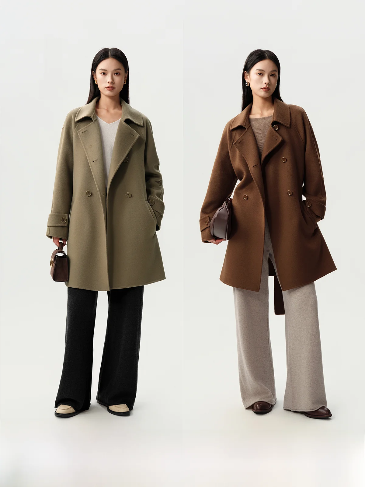 

Double-Faced Wool Silk Blend Medium-Length Coat High-Yarn Densi Cus-Dyed Tweed oulder-Length Sve Collar Design