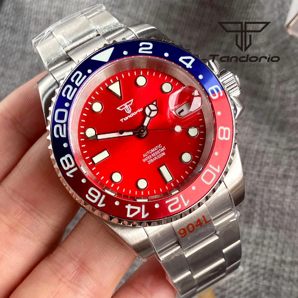 Tandorio NH35A Red Sunburst Dial 40mm Fashion Stainless Steel 200M Dive Automatic Watch for Men Rotating Bezel Sapphire Date