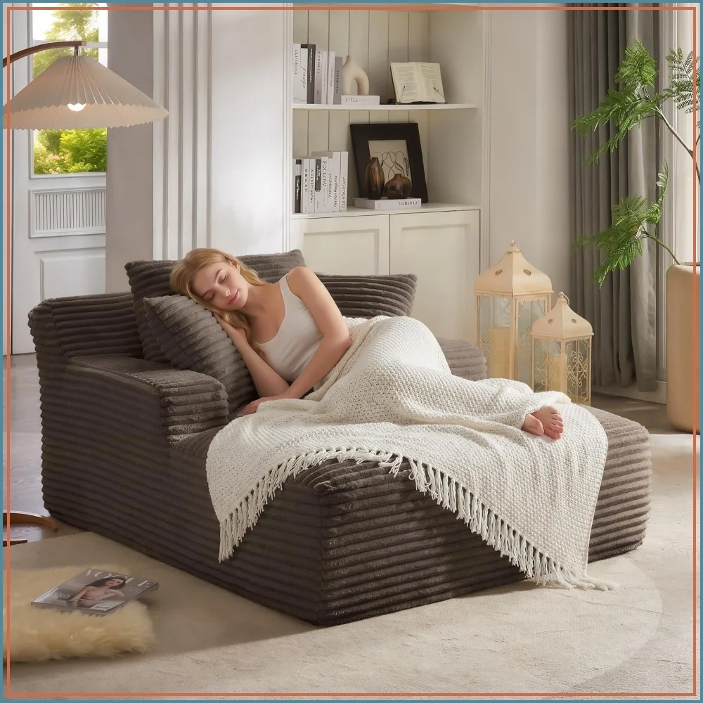 50 Inch Corduroy Chaise Lounge Chair Indoor, Oversized Sofa Bed for Living Room, Camel, No Assembly