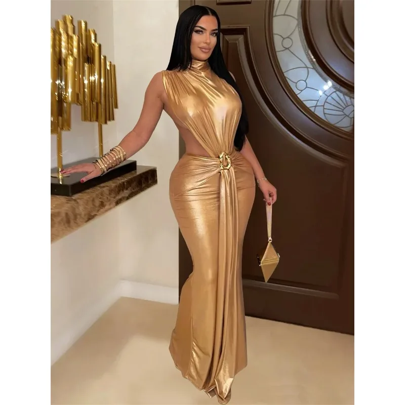 Silky Sexy Dress Women Sleeveless Waistless Metal Button Ribbon Ruched Side Split Party Midnight Club Wedding Bodycon